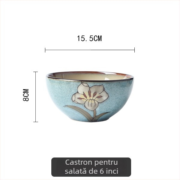 Set de veselă ceramică cu crin pictat manual, porțelan, include bol de orez, farfurie pentru pește și oală de supă cu capac
