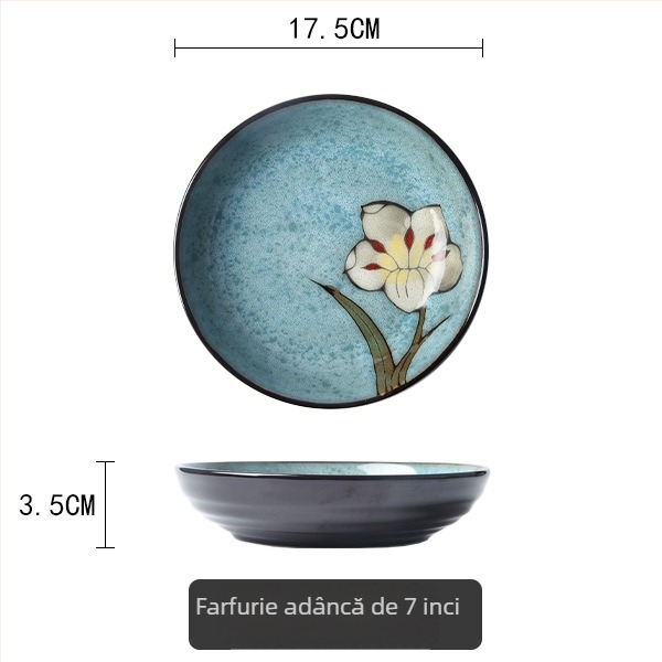 Set de veselă ceramică cu crin pictat manual, porțelan, include bol de orez, farfurie pentru pește și oală de supă cu capac