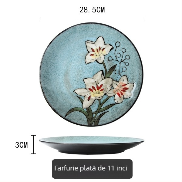 Set de veselă ceramică cu crin pictat manual, porțelan, include bol de orez, farfurie pentru pește și oală de supă cu capac