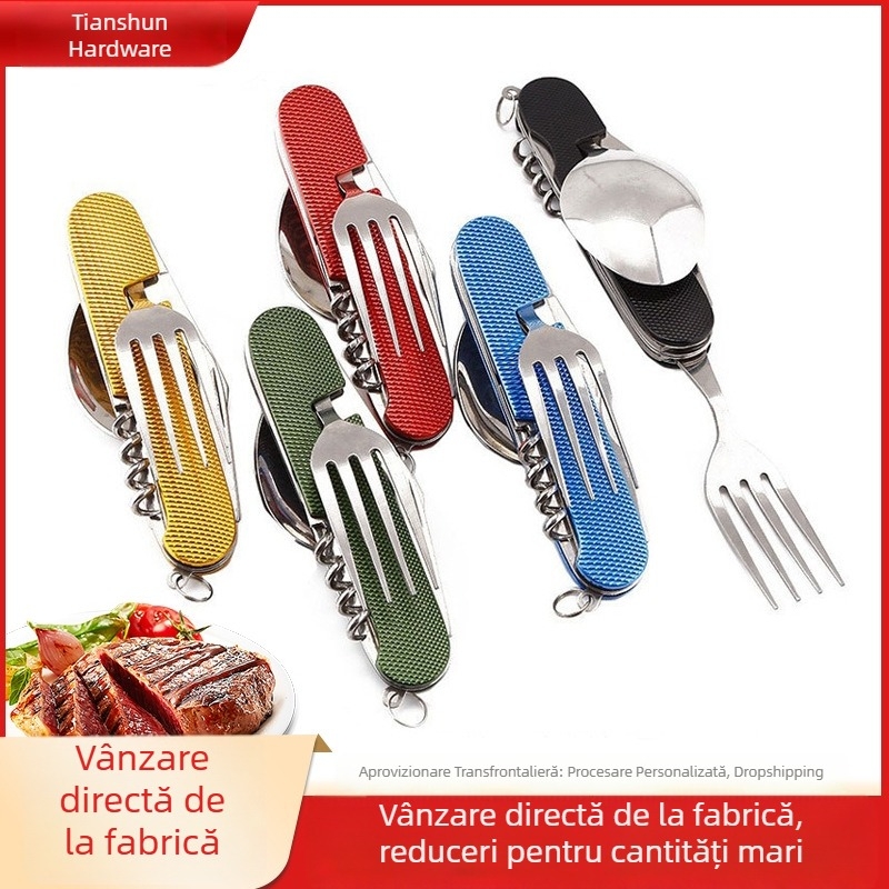 Set de tacâm din oțel inoxidabil, pliabil, 3 piese pentru exterior – cuțit, furculiță și lingură, demontabil, multifuncțional