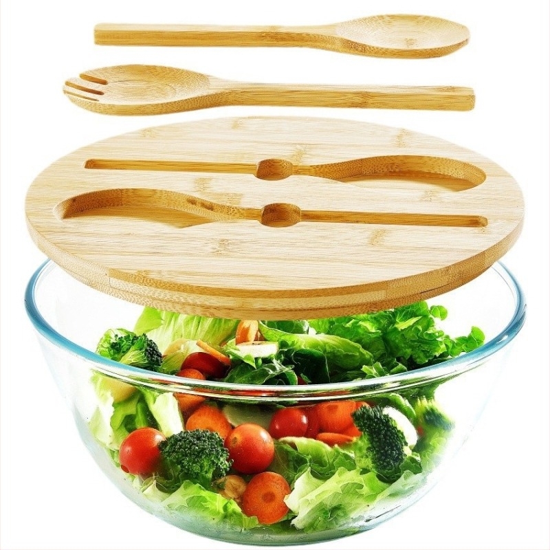 ECOWAY Bol de salată mare, rotund, din sticlă, cu capac din bambus și tacâmuri din bambus, compatibil cu microunde, sticlă borosilicat de înaltă calitate