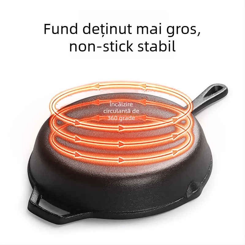 Tigaie din fontă cu urechi, fund plat, realizată manual, fără acoperire