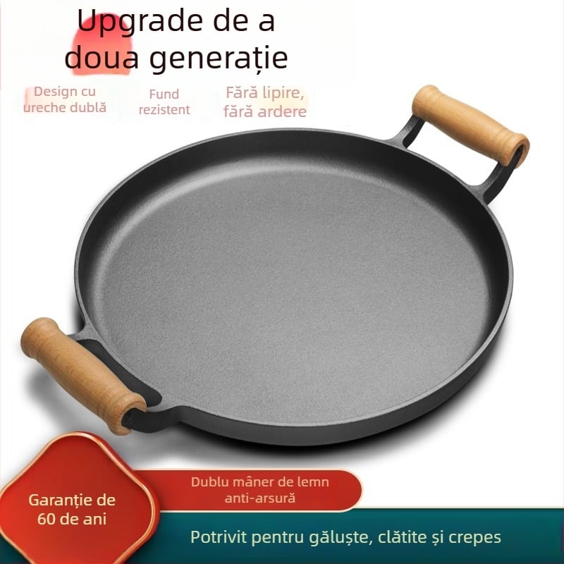 Tigaie din fontă pentru clătite, cu mâner din lemn cu două urechi și capac de sticlă, acoperire antiaderentă, adâncime 4 cm, compatibil cu gaz și inducție