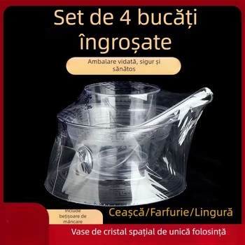 Veselă de unică folosință — set de patru piese: boluri, farfurii, cești și linguri; material: plastic pentru alimente; nu este biodegradabil