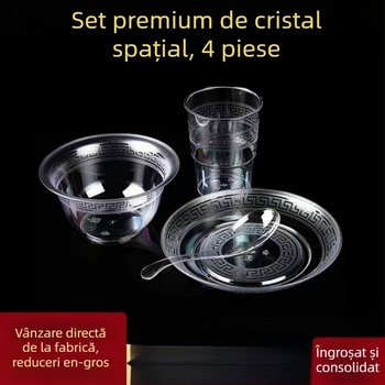 Veselă de unică folosință — set de patru piese: boluri, farfurii, cești și linguri; material: plastic pentru alimente; nu este biodegradabil