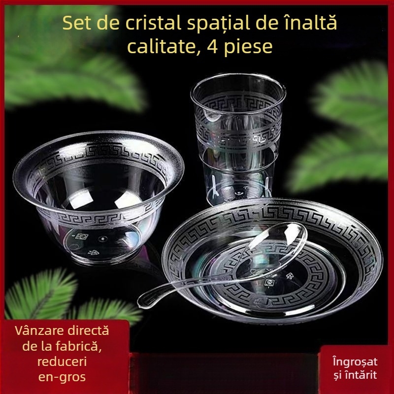 Veselă de unică folosință — set de patru piese: boluri, farfurii, cești și linguri; material: plastic pentru alimente; nu este biodegradabil