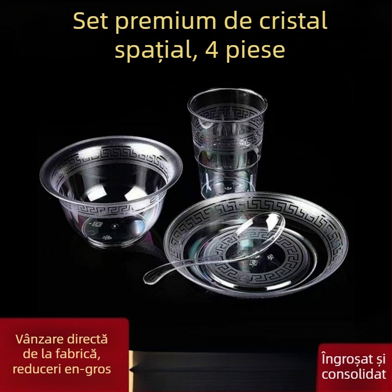 Veselă de unică folosință — set de patru piese: boluri, farfurii, cești și linguri; material: plastic pentru alimente; nu este biodegradabil