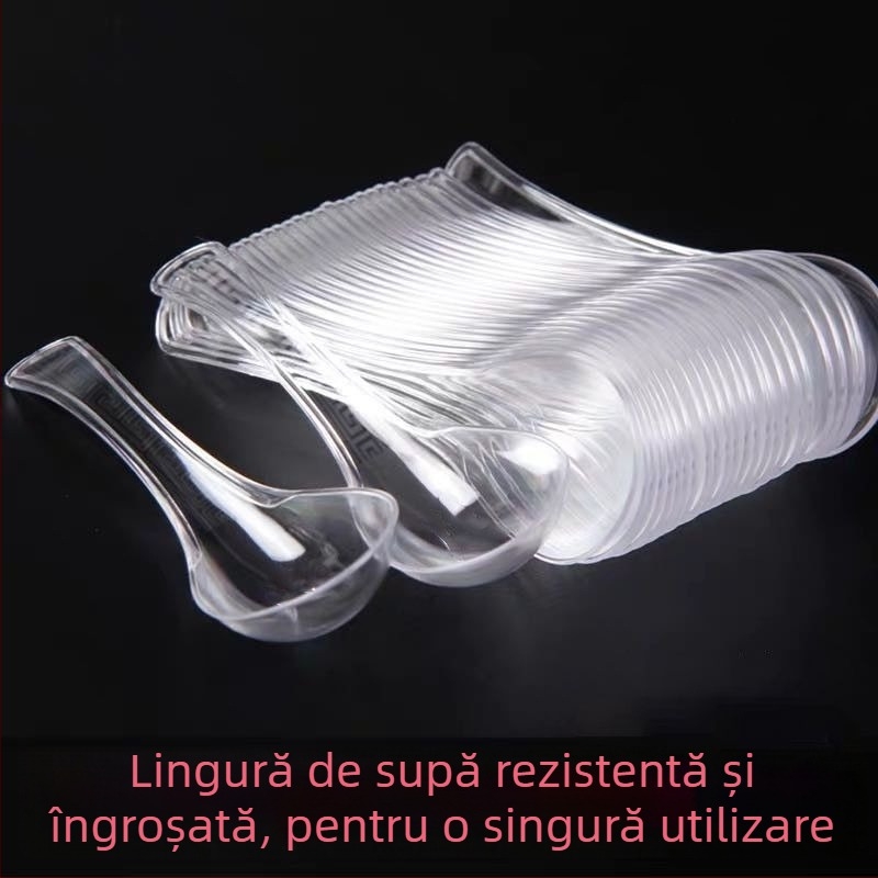 Veselă de unică folosință — set de patru piese: boluri, farfurii, cești și linguri; material: plastic pentru alimente; nu este biodegradabil