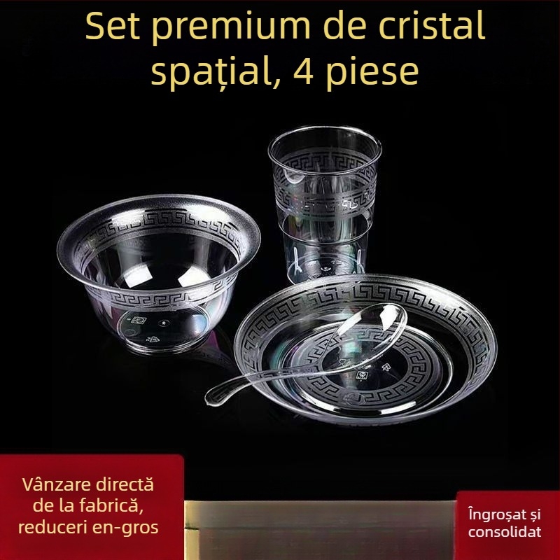 Veselă de unică folosință — set de patru piese: boluri, farfurii, cești și linguri; material: plastic pentru alimente; nu este biodegradabil