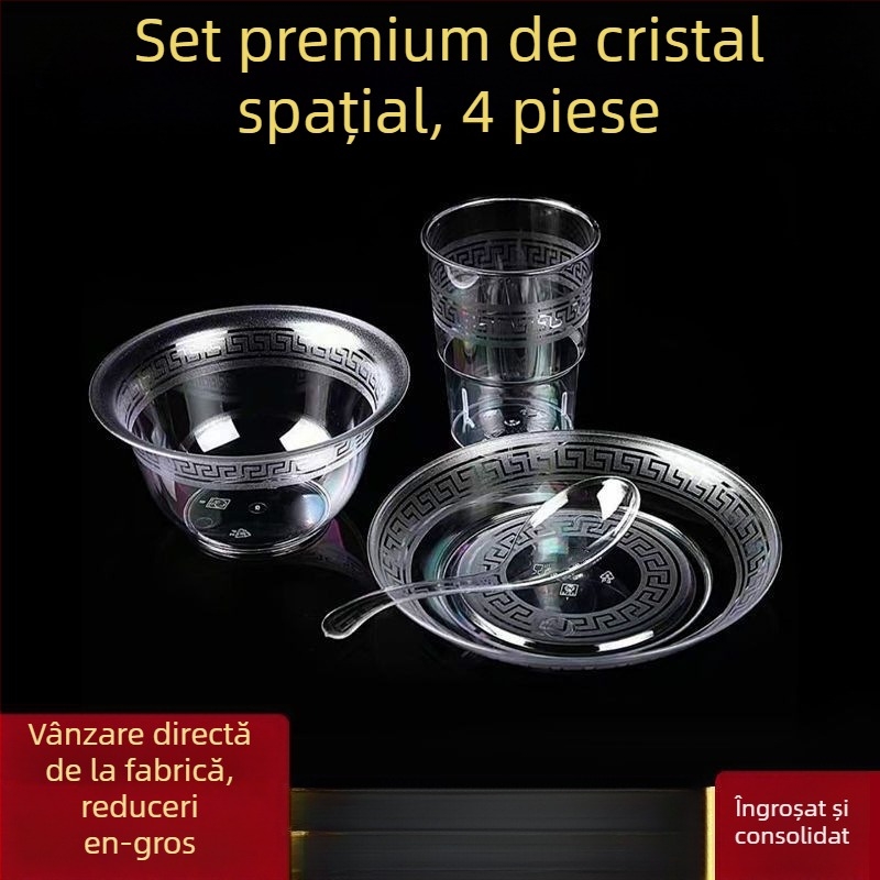 Veselă de unică folosință — set de patru piese: boluri, farfurii, cești și linguri; material: plastic pentru alimente; nu este biodegradabil