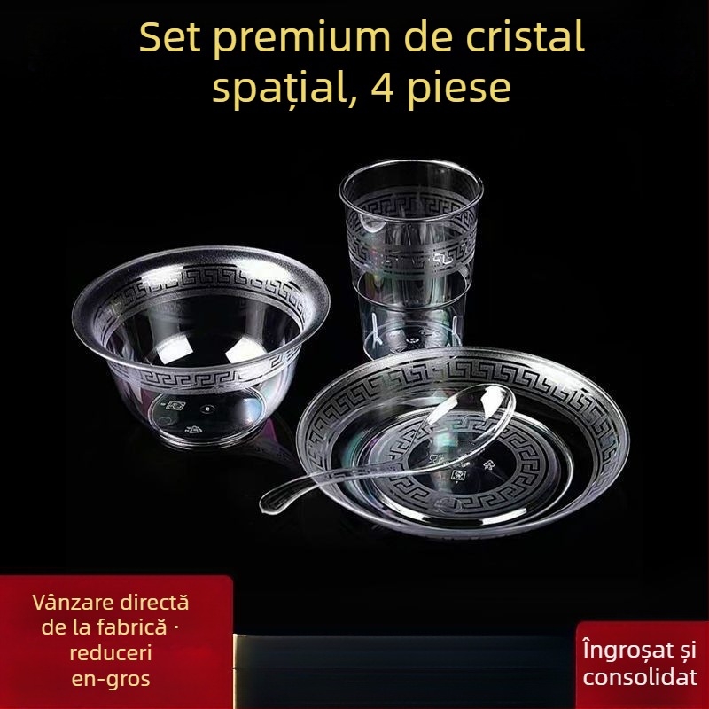 Veselă de unică folosință — set de patru piese: boluri, farfurii, cești și linguri; material: plastic pentru alimente; nu este biodegradabil