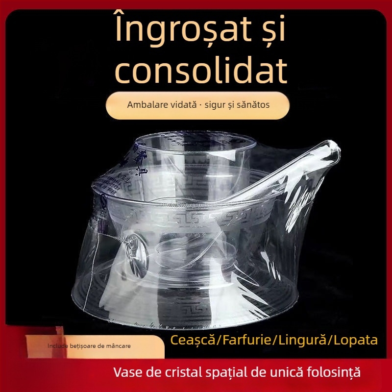 Veselă de unică folosință — set de patru piese: boluri, farfurii, cești și linguri; material: plastic pentru alimente; nu este biodegradabil