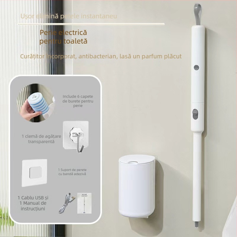 Perie de toaletă electrică montată pe perete, cu cap înlocuibil și raft de depozitare | Daily hundred | Plastic
