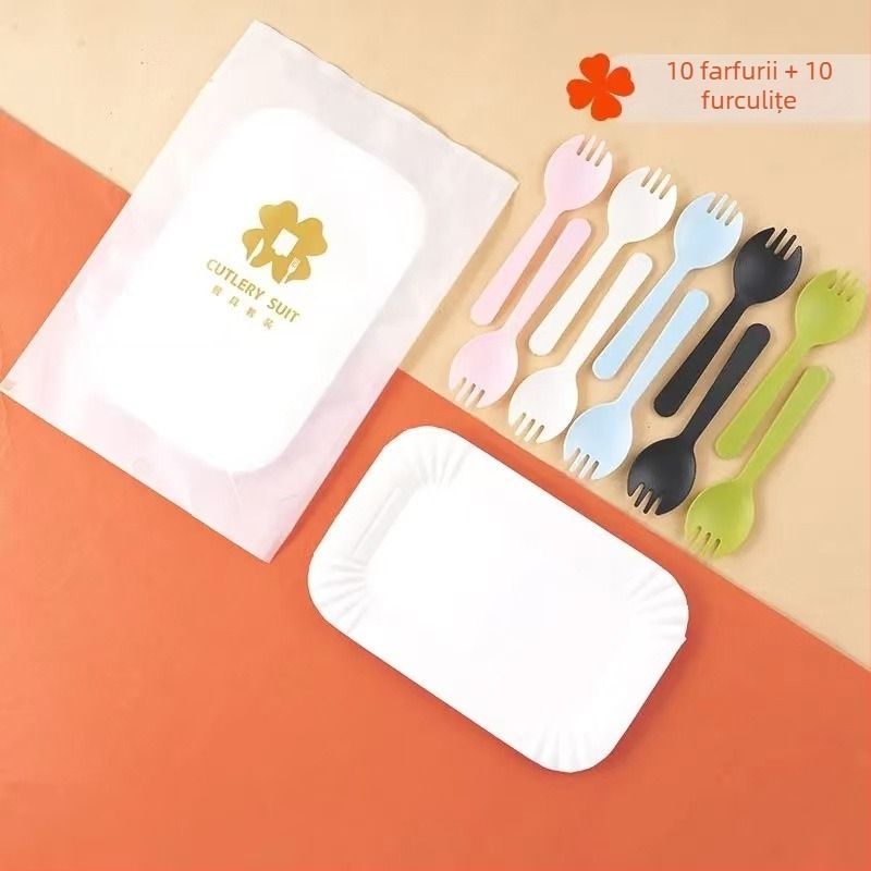 Set de veselă plastică de unică folosință pentru sărbători — farfurii pătrate, cuțite și furculițe, kit patru în unu pentru decorarea tortului, personalizare disponibilă