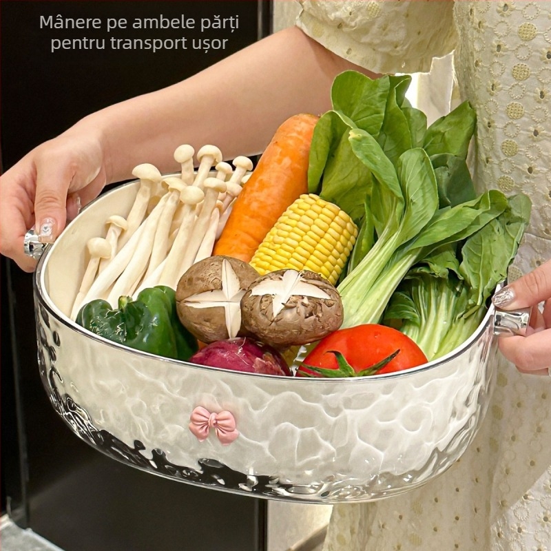 Coș de scurs cu două niveluri pentru spălarea fructelor și legumelor, din plastic, multifuncțional