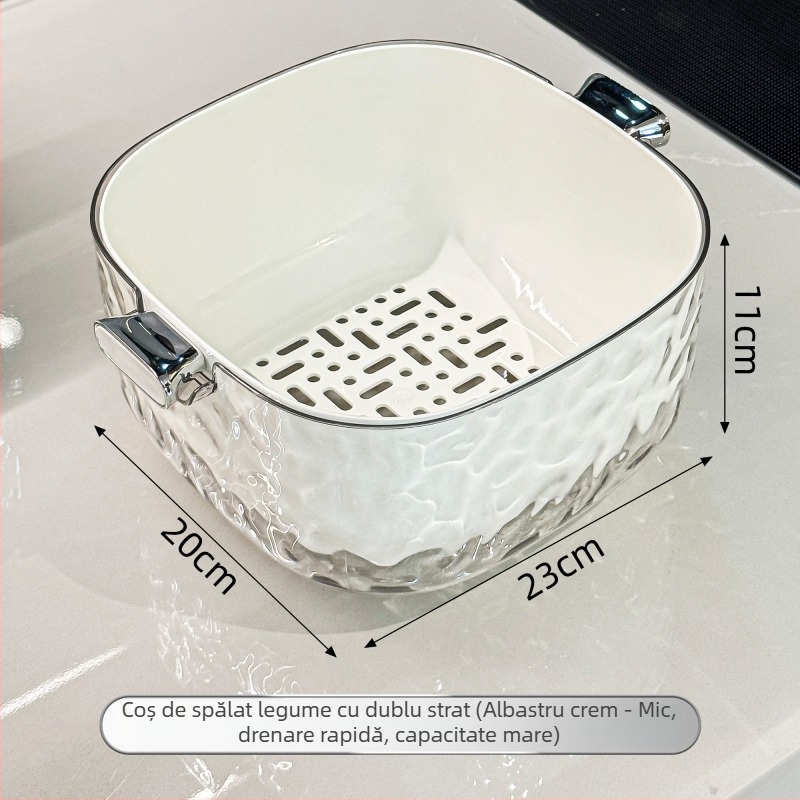 Coș de scurs cu două niveluri pentru spălarea fructelor și legumelor, din plastic, multifuncțional