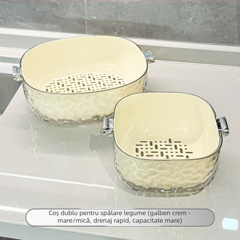 Coș de scurs cu două niveluri pentru spălarea fructelor și legumelor, din plastic, multifuncțional