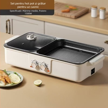 Grill electric și oală hot pot – all-in-one, 1200–1500W, capacitate 3–4 L, corp din plastic, prăjire, fierbere, sotare.