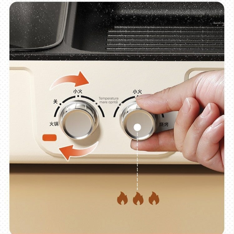 Grill electric și oală hot pot – all-in-one, 1200–1500W, capacitate 3–4 L, corp din plastic, prăjire, fierbere, sotare.