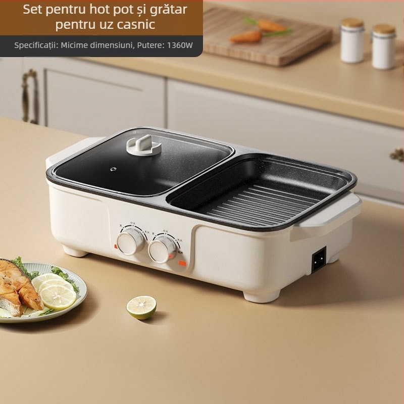 Grill electric și oală hot pot – all-in-one, 1200–1500W, capacitate 3–4 L, corp din plastic, prăjire, fierbere, sotare.