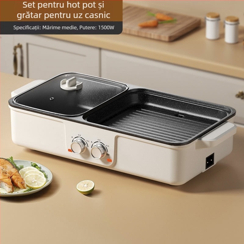 Grill electric și oală hot pot – all-in-one, 1200–1500W, capacitate 3–4 L, corp din plastic, prăjire, fierbere, sotare.