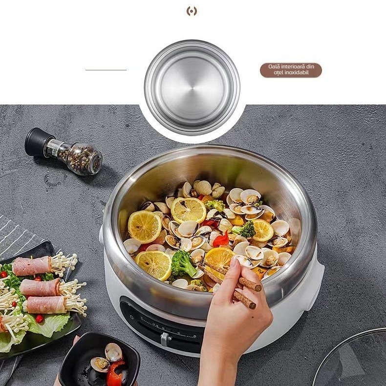 Oală electrică multifuncțională 4–5 L, 1300 W, vas interior din oțel inoxidabil, reglaj temperatură, funcții: prăjit, sotare, hot pot și teppanyaki