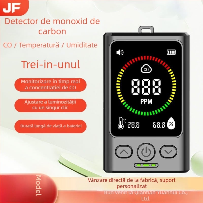 Detektor portabil de monoxid de carbon cu temperatură și umiditate, model GC3000 – 3 în 1, interval 400–5000 ppm, precizie ±5%, alimentare USB