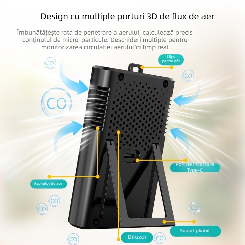 Detektor portabil de monoxid de carbon cu temperatură și umiditate, model GC3000 – 3 în 1, interval 400–5000 ppm, precizie ±5%, alimentare USB