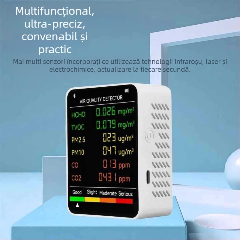 Monitor portabil de interior 6‑în‑1 pentru calitatea aerului: CO2 400–5000 PPM; HCHO 0–9.999 mg/m³; TVOC; PM2.5; PM10; baterie USB-C de 1200 mAh; precizie 1 PPM, 0.001 mg/m³, 1 µg/m³.