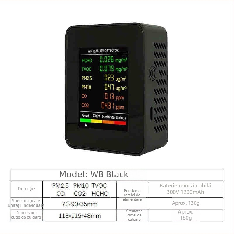Monitor portabil de interior 6‑în‑1 pentru calitatea aerului: CO2 400–5000 PPM; HCHO 0–9.999 mg/m³; TVOC; PM2.5; PM10; baterie USB-C de 1200 mAh; precizie 1 PPM, 0.001 mg/m³, 1 µg/m³.