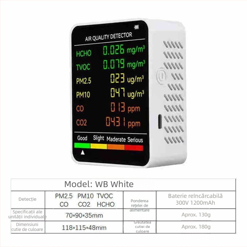 Monitor portabil de interior 6‑în‑1 pentru calitatea aerului: CO2 400–5000 PPM; HCHO 0–9.999 mg/m³; TVOC; PM2.5; PM10; baterie USB-C de 1200 mAh; precizie 1 PPM, 0.001 mg/m³, 1 µg/m³.