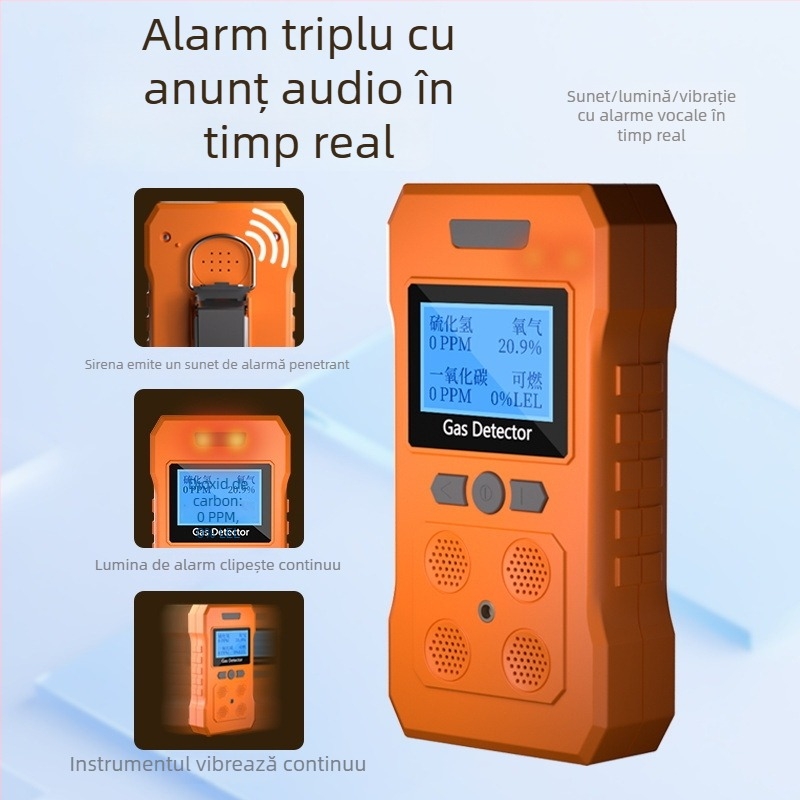PLT824 detector portabil patru în unu pentru O2, H2S și CO; precizie ≤ ±5% FS; alimentare DC 3.7V