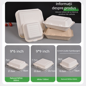 Cutie de prânz de unică folosință, pătrată, din pastă de trestie de zahăr, capacitate 8000 ml, grosime 0,06 mm, biodegradabil