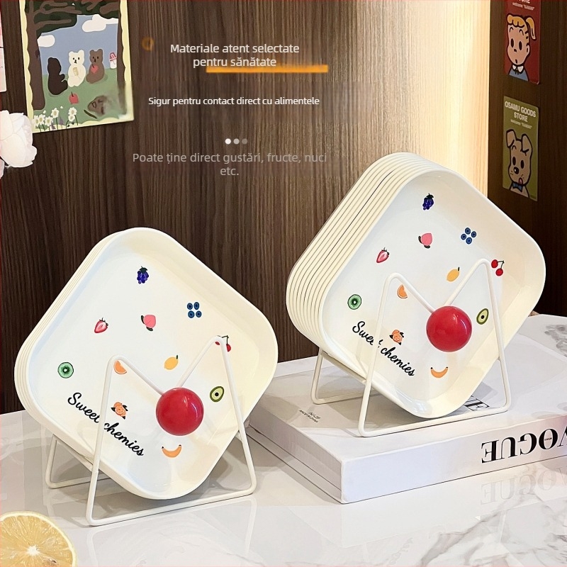 Farfurie din plastic, lavabilă în mașina de spălat vase, pătrată, cu model desen animat, stil japonez