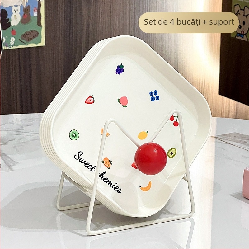 Farfurie din plastic, lavabilă în mașina de spălat vase, pătrată, cu model desen animat, stil japonez