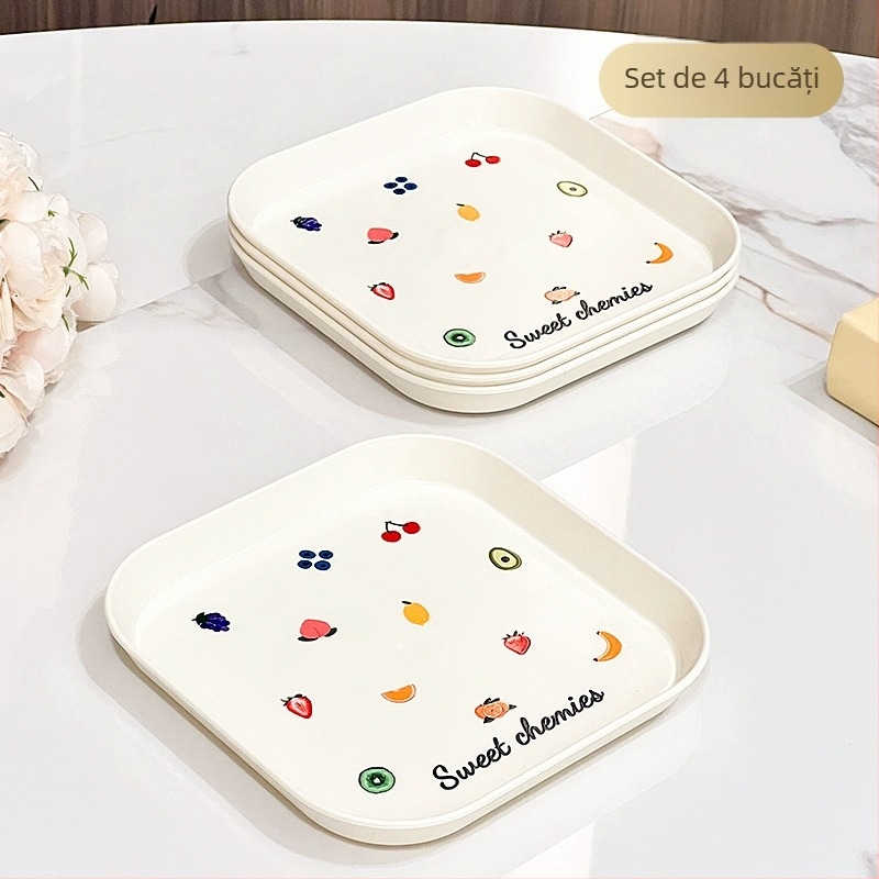 Farfurie din plastic, lavabilă în mașina de spălat vase, pătrată, cu model desen animat, stil japonez