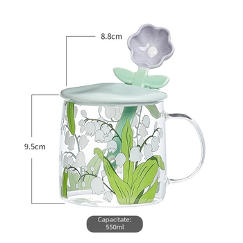 Set din patru pahare de sticlă borosilicată, cu capac și linguriță, model cu flori, cilindric cu mâner, rezistent la temperaturi înalte