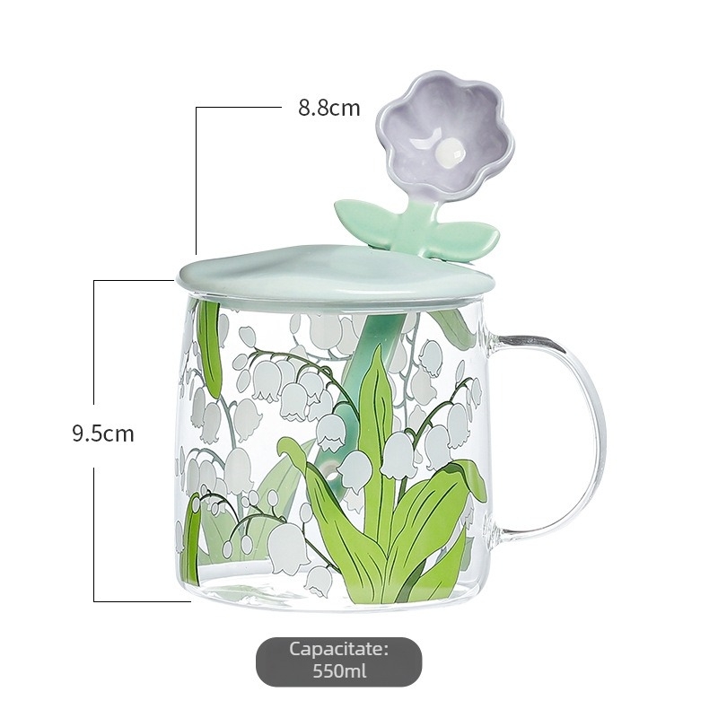 Set din patru pahare de sticlă borosilicată, cu capac și linguriță, model cu flori, cilindric cu mâner, rezistent la temperaturi înalte