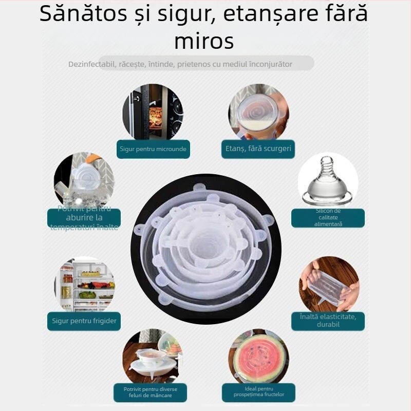 Capace din silicon de calitate alimentară, set de 6 piese, capace circulare pentru boluri, potrivite pentru frigider și cuptor cu microunde, etanșe