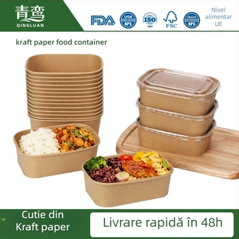 Cutie de unică folosință din hârtie kraft, dreptunghiulară, pentru takeout – Huating Bird, 100 buc, potrivită pentru prânzuri și salate