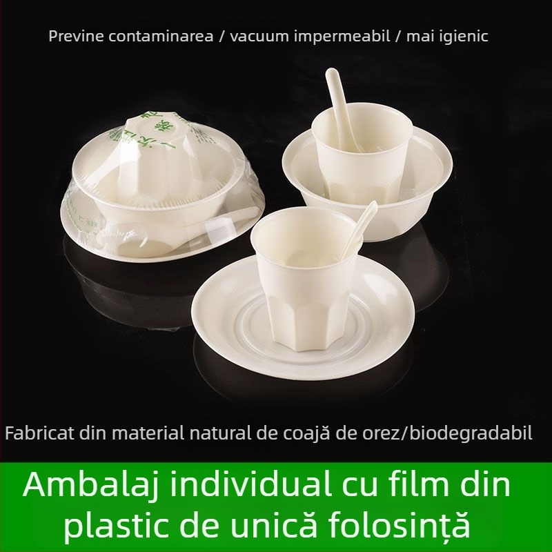 Set de tacâmuri de unică folosință, patru piese: boluri și bețișoare pentru mâncare (plastic, siguranță alimentară, ușor de utilizat)