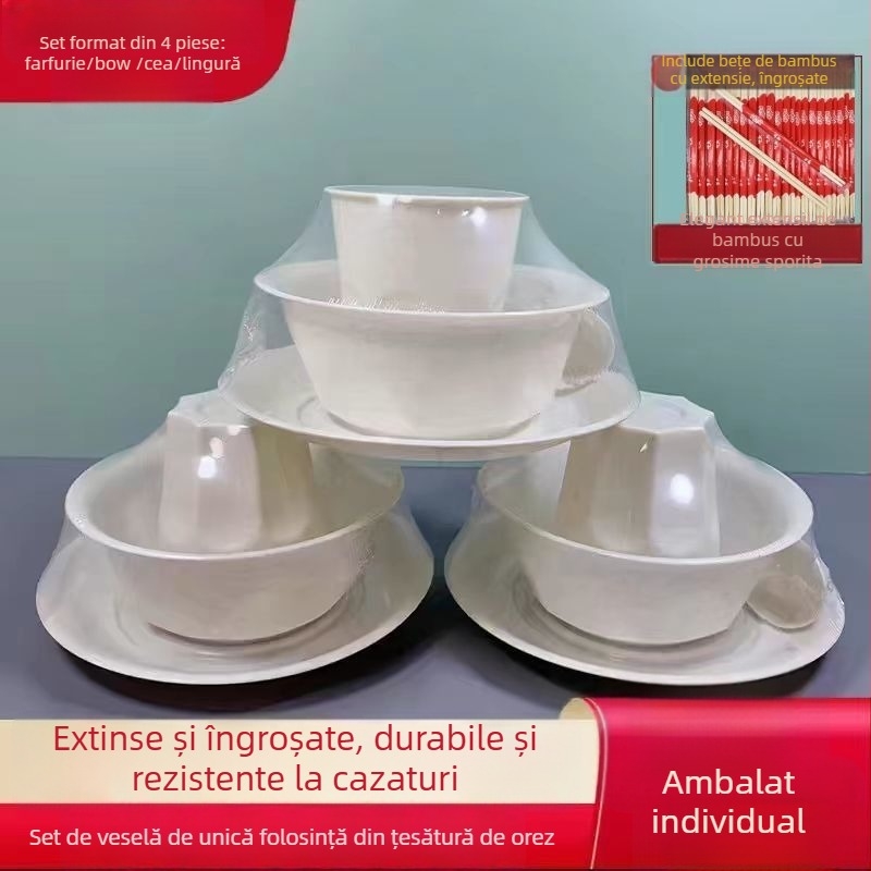 Set de tacâmuri de unică folosință, patru piese: boluri și bețișoare pentru mâncare (plastic, siguranță alimentară, ușor de utilizat)