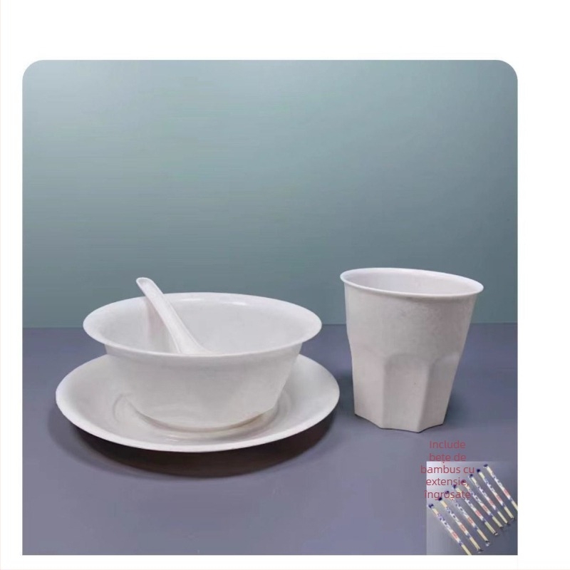 Set de tacâmuri de unică folosință, patru piese: boluri și bețișoare pentru mâncare (plastic, siguranță alimentară, ușor de utilizat)