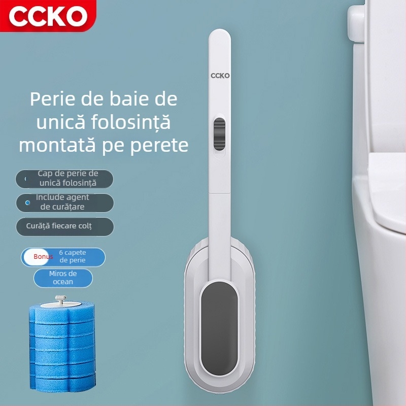 Perie de toaletă montată pe perete, de unică folosință, cu cap de perie înlocuibil, din plastic, design modern minimalist.