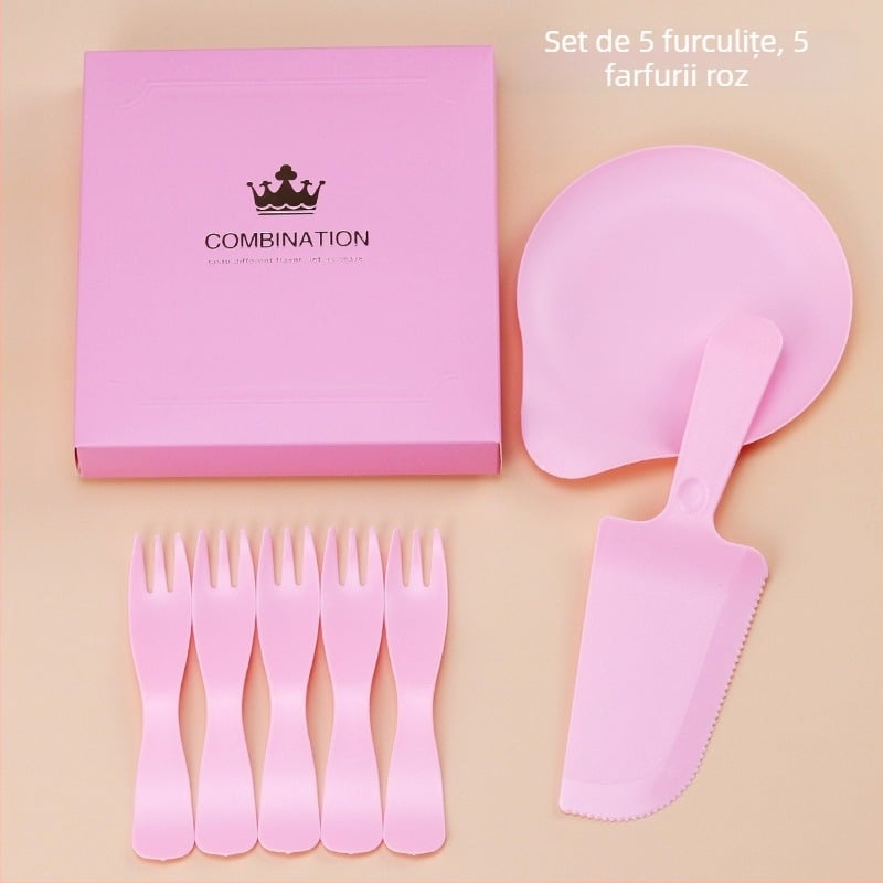Set de tacâmuri de unică folosință pentru ziua de naștere, 4 în 1, cu cutie pentru tort, farfurie în formă de picătură de apă și furculiță cu margine ondulată