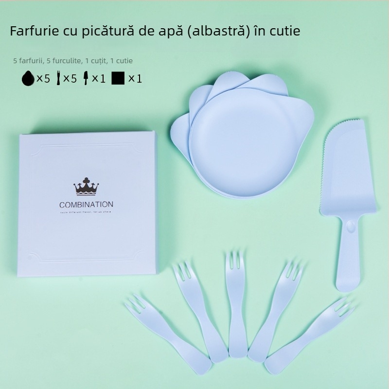Set de tacâmuri de unică folosință pentru ziua de naștere, 4 în 1, cu cutie pentru tort, farfurie în formă de picătură de apă și furculiță cu margine ondulată