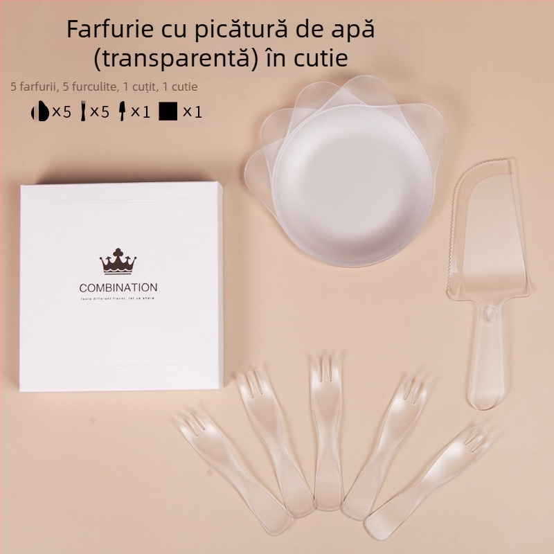 Set de tacâmuri de unică folosință pentru ziua de naștere, 4 în 1, cu cutie pentru tort, farfurie în formă de picătură de apă și furculiță cu margine ondulată