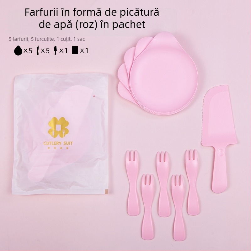 Set de tacâmuri de unică folosință pentru ziua de naștere, 4 în 1, cu cutie pentru tort, farfurie în formă de picătură de apă și furculiță cu margine ondulată