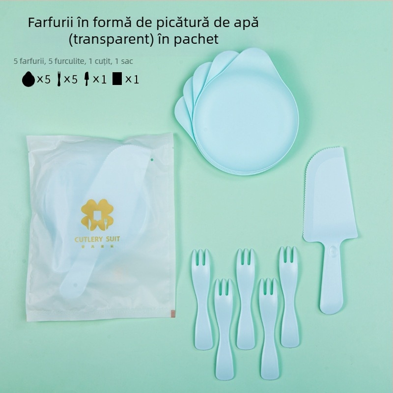 Set de tacâmuri de unică folosință pentru ziua de naștere, 4 în 1, cu cutie pentru tort, farfurie în formă de picătură de apă și furculiță cu margine ondulată