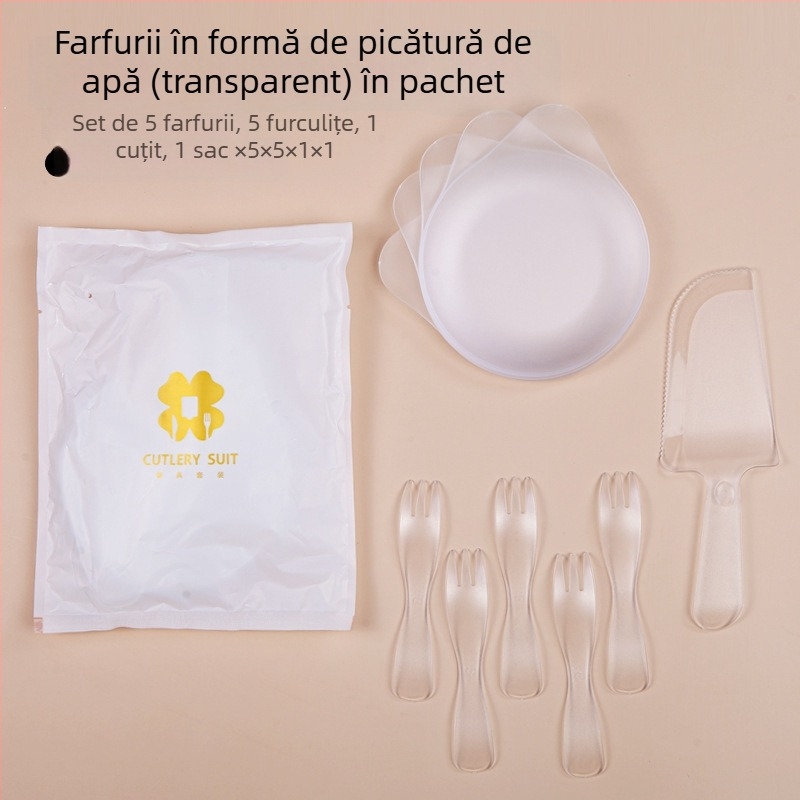 Set de tacâmuri de unică folosință pentru ziua de naștere, 4 în 1, cu cutie pentru tort, farfurie în formă de picătură de apă și furculiță cu margine ondulată